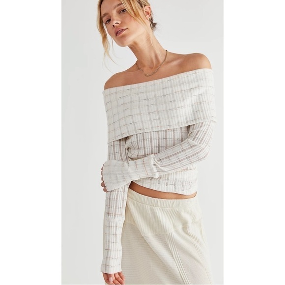 FREE PEOPLE Snowbunny Striped Off the Shoulder Metallic Long Sleeve Top L NWT. - Picture 1 of 10